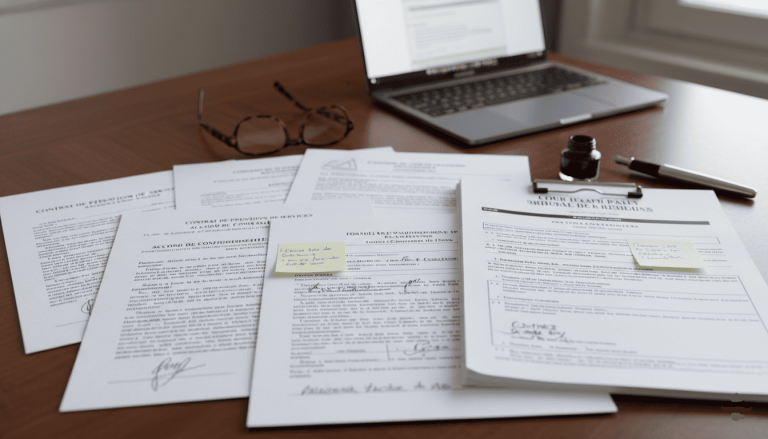 dossier juridique français ouvert sur une table : contrats, décisions de justice, formulaires d’adjudication et annotations manuscrites