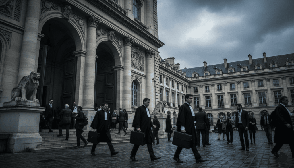 palais de justice français avec avocats, clients et passants entrant dans le bâtiment.