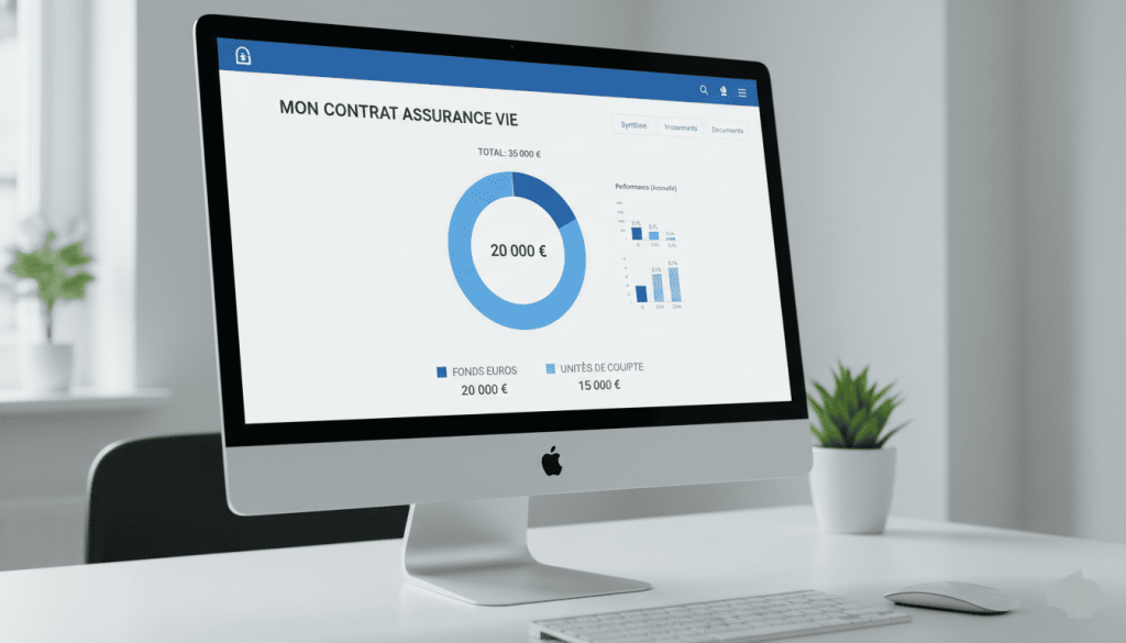Interface client affichant répartition : “fonds euros 20 000 € / unités de compte 15 000 €”