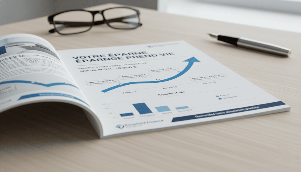 Brochure commerciale avec exemple d’investissement : capital initial 10 000 €, évolution sur plusieurs années avec rendement