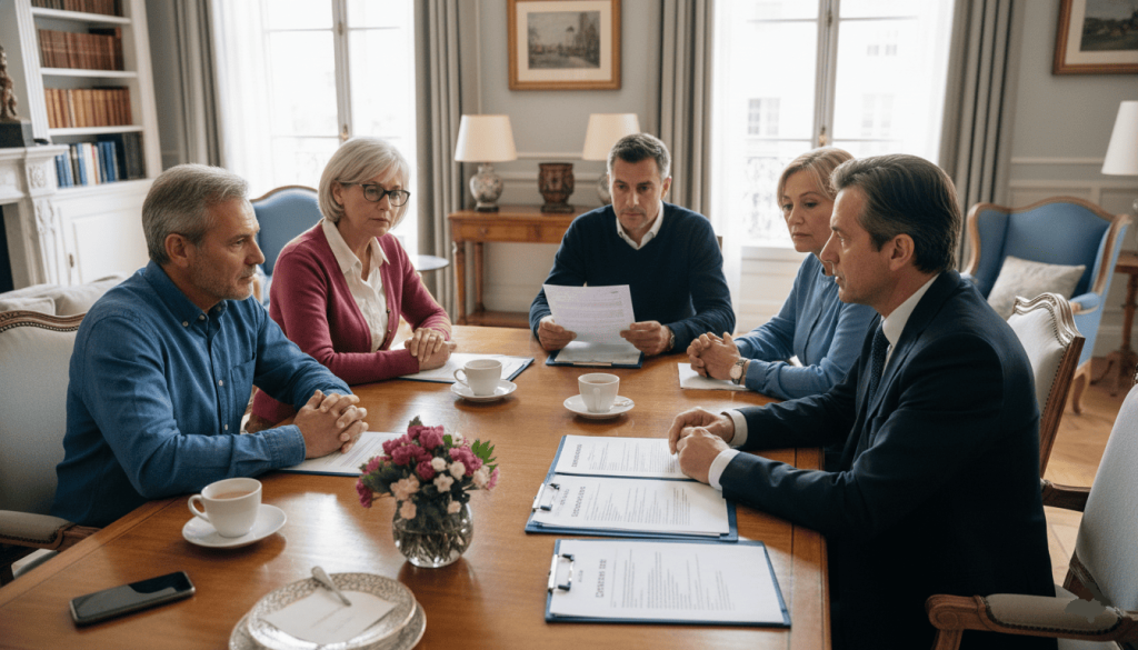 une famille française multigénérationnelle autour d’une table discutant documents de succession et assurance vie avec un notaire