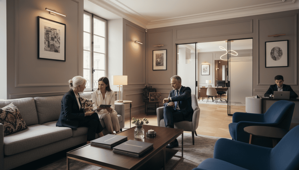 étude notariale moderne en France, clients attendant dans une salle élégante avec dossiers patrimoniaux.