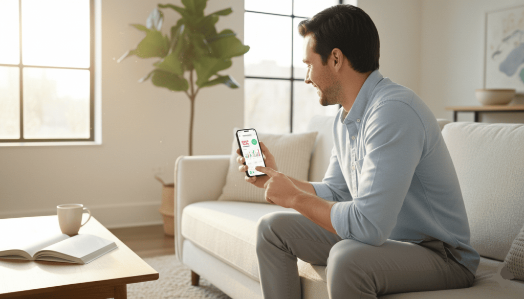 Jeune professionnel souriant utilisant une app bancaire dans un salon lumineux