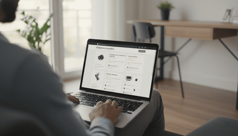 Utilisateur consultant des avis en ligne sur un ordinateur portable