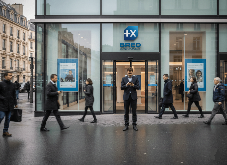 Agence bancaire française moderne vue depuis la rue, client consultant son smartphone devant l’entrée