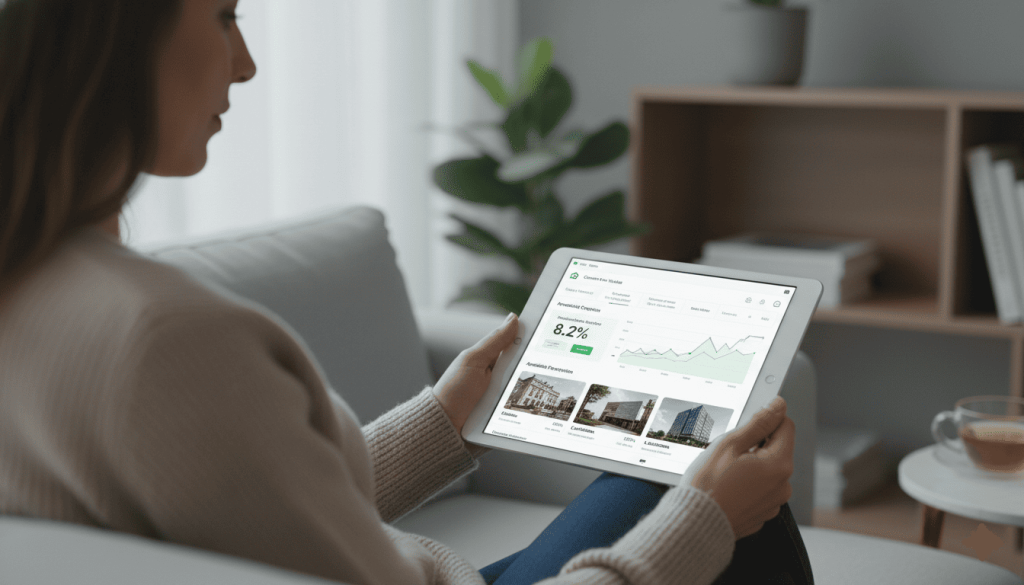 tilisateur consultant une plateforme d’investissement immobilier fractionné sur tablette, intérieur moderne, graphiques de rendement immobilier