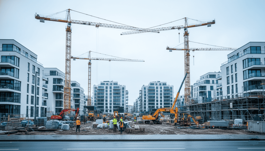 chantier immobilier moderne en ville, ouvriers, grues, immeubles résidentiels récents, ambiance investissement immobilier concret