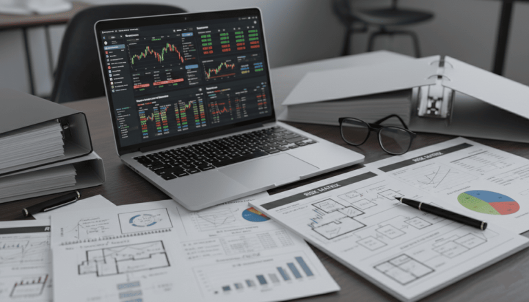 bureau d’analyste avec documents d’investissement immobilier, notes manuscrites, graphiques de risques, ordinateur portable affichant données financières
