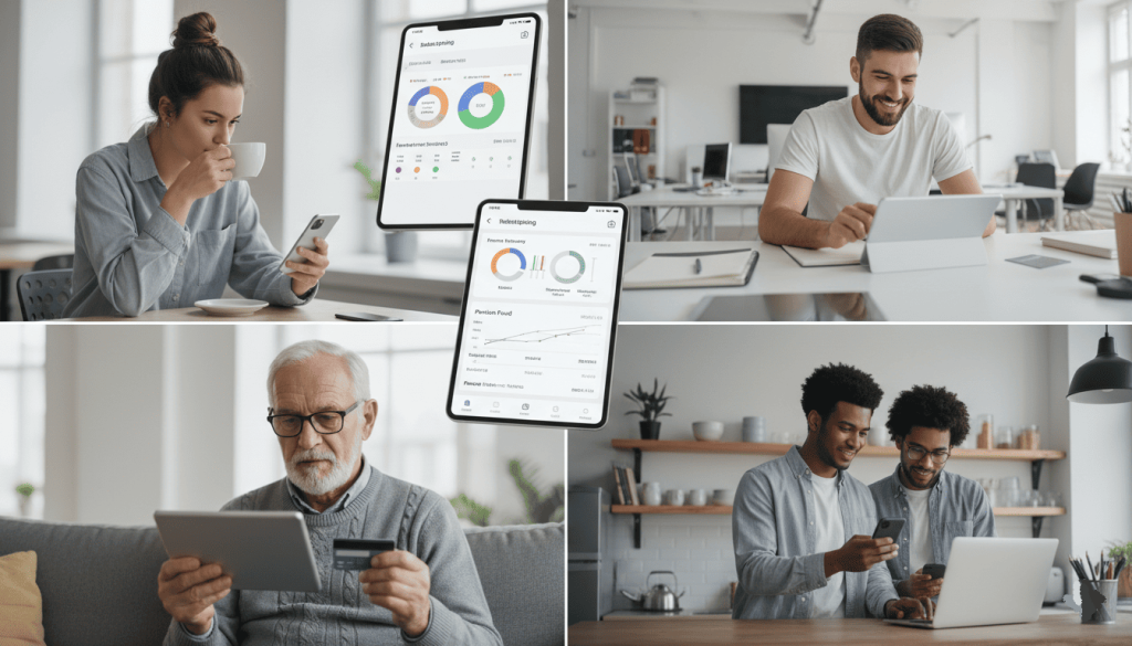 plusieurs profils différents utilisant des services bancaires digitaux : étudiante, indépendant, senior, couple urbain.