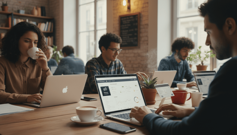 café coworking parisien fréquenté par freelances et télétravailleurs utilisant services financiers mobiles et ordinateurs.