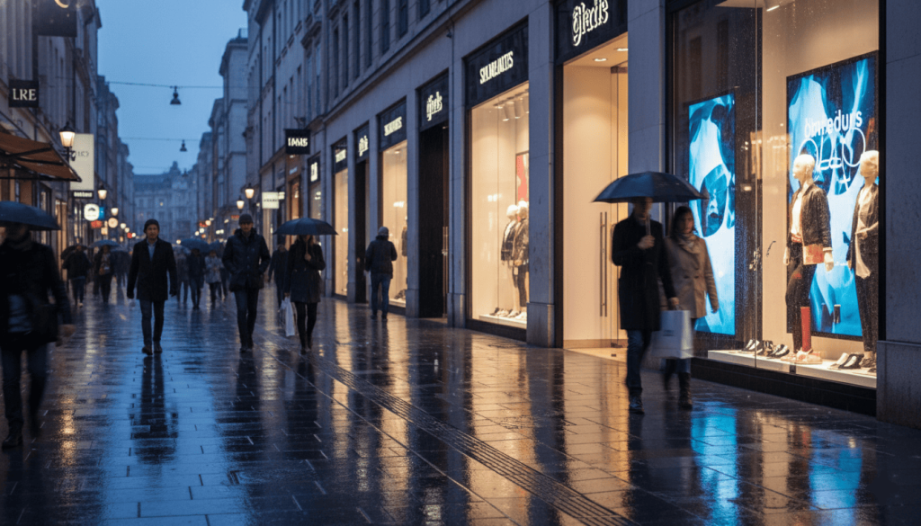 Rue commerçante moderne avec vitrines électroniques et consommateurs faisant du shopping