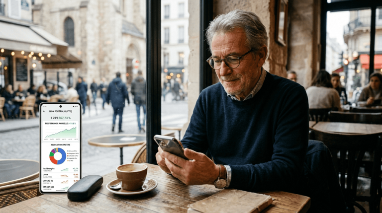 homme de 62 ans assis dans un café contemporain français, consultant son smartphone
