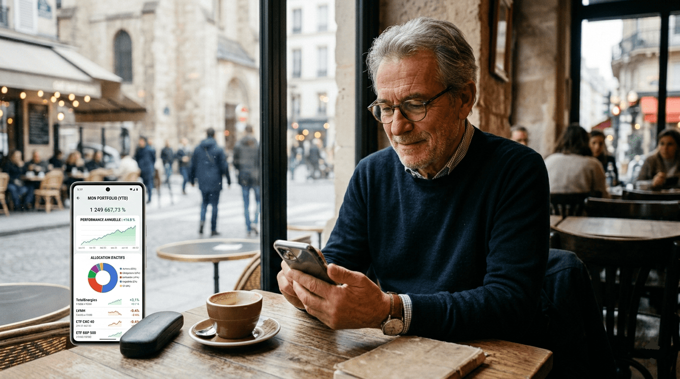 homme de 62 ans assis dans un café contemporain français, consultant son smartphone