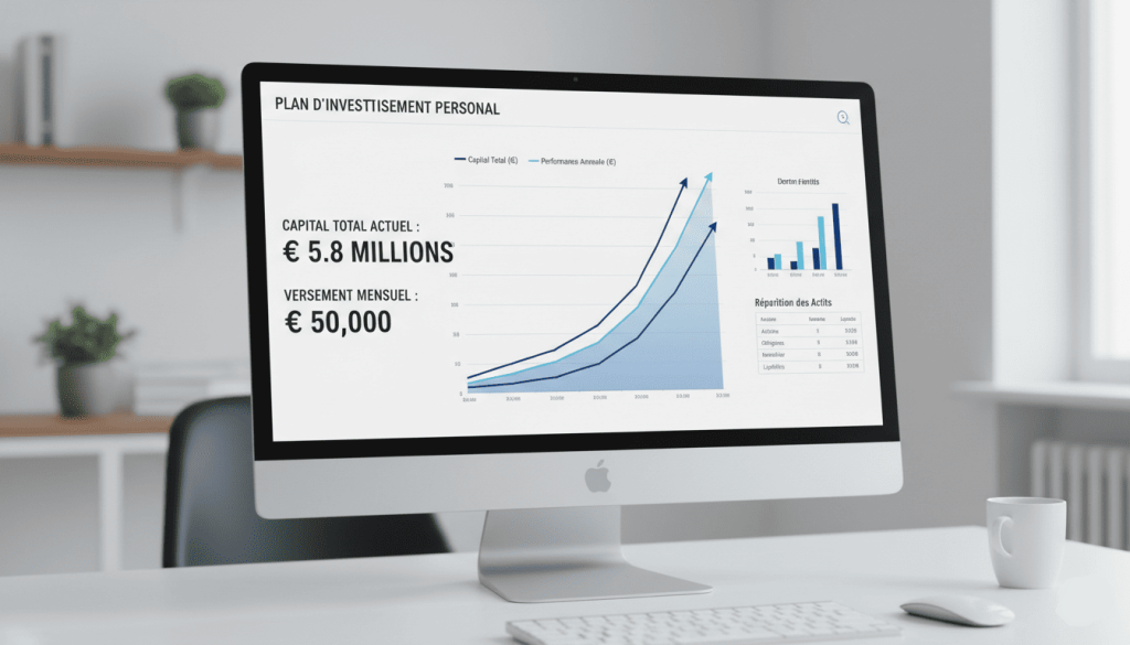 Écran d’ordinateur affichant tableau financier avec ligne “versement mensuel : 50 000 €”, capital total dépassant plusieurs millions d’euros