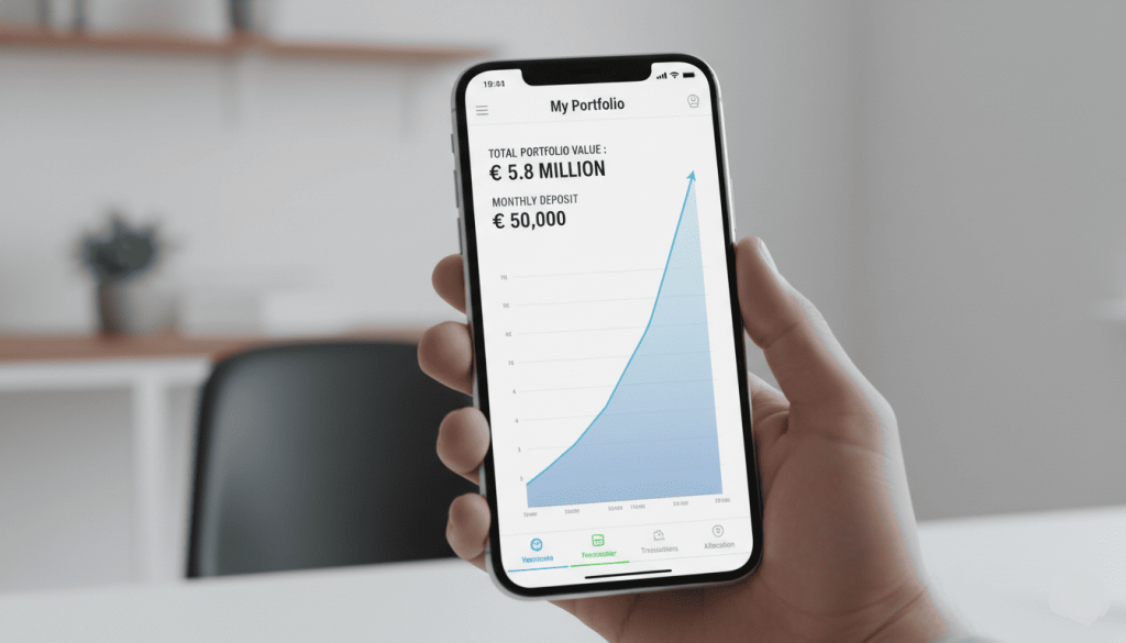 Application mobile d’investissement affichant portefeuille avec dépôts mensuels de 50 000 €, total du portefeuille visible