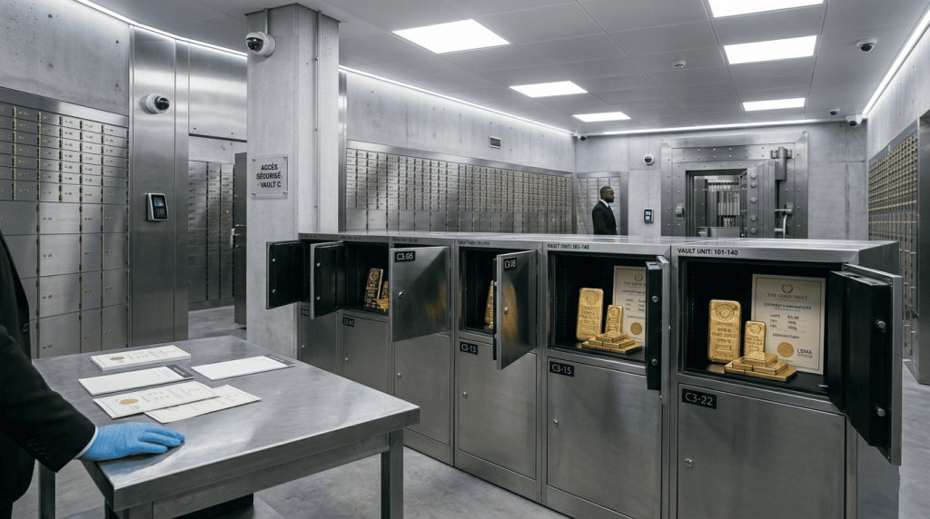 ne salle de coffres bancaire moderne, rangées de coffres métalliques ouverts, lingots d’or et documents de certification visibles
