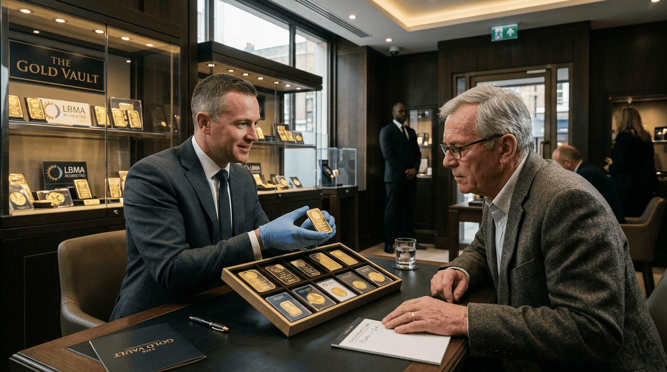 une boutique spécialisée dans l’or d’investissement, conseiller montrant des lingots et pièces d’or à un client prudent