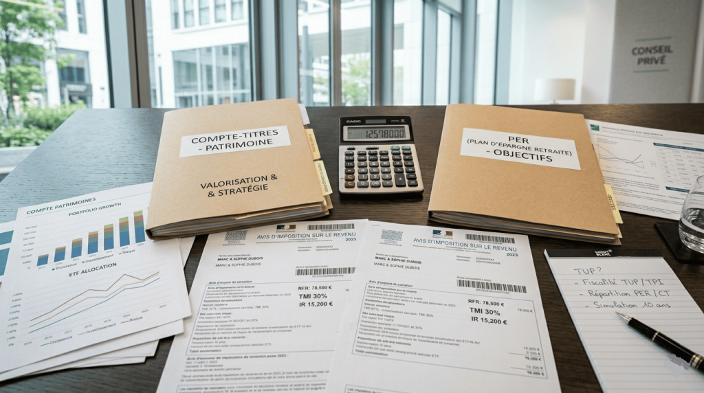 bureau avec deux dossiers clairement séparés : “Compte-Titres” et “PER”, calculatrice, feuilles d’imposition françaises