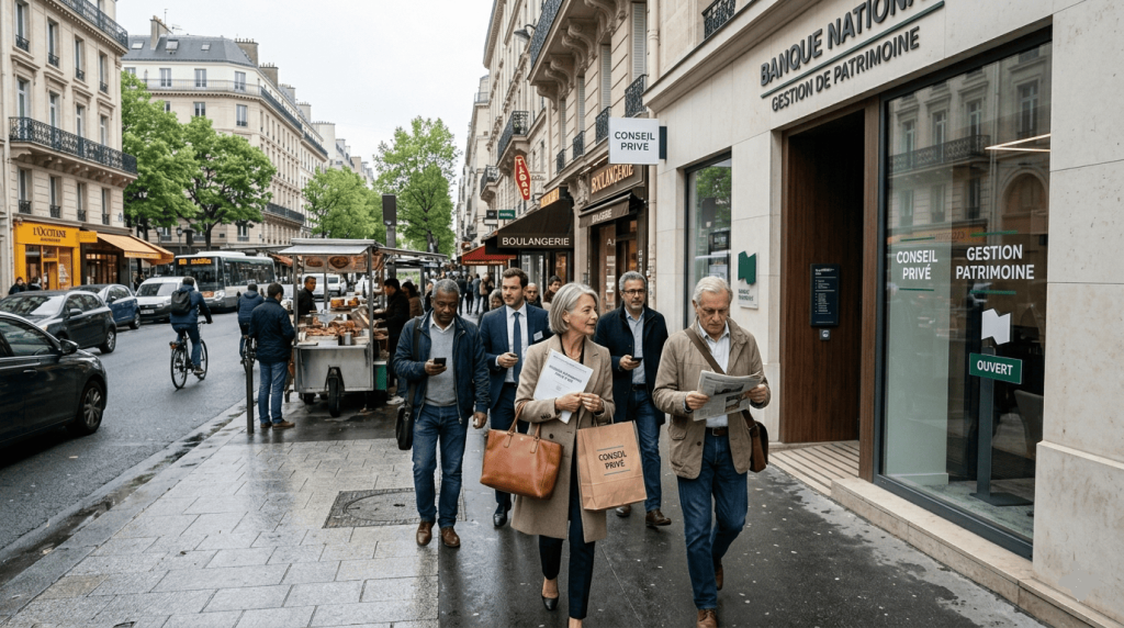 rue française moderne avec façade de banque physique élégante, passants variés, ambiance économique quotidienne