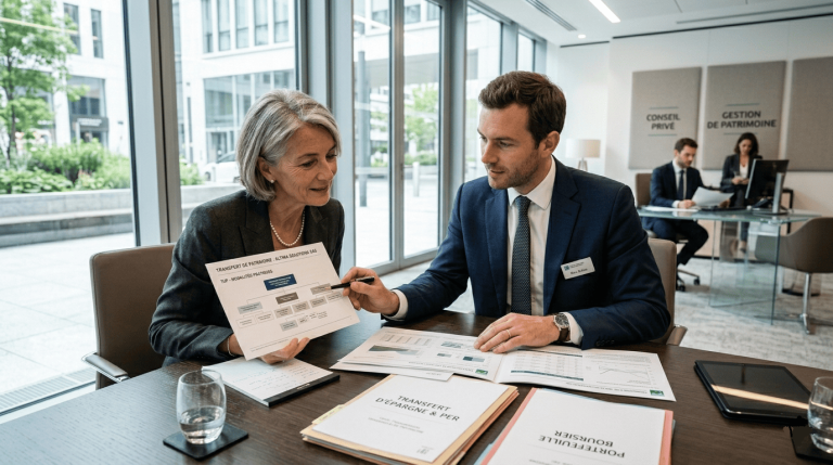 n conseiller financier expliquant un transfert d’épargne à une cliente dans une agence moderne, documents PER et portefeuille boursier sur la table