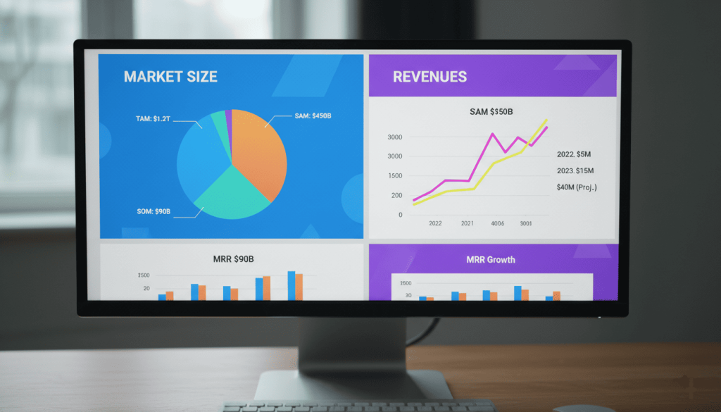 Écran d’ordinateur affichant un pitch deck startup