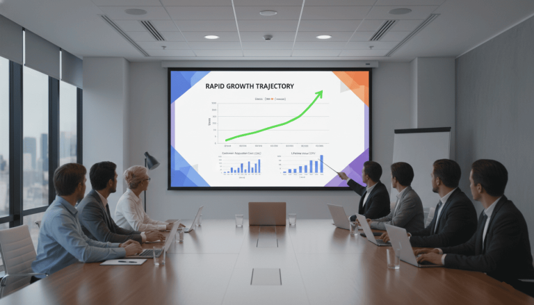 Salle de réunion avec projection d’un business plan startup, slide avec graphique de croissance rapide