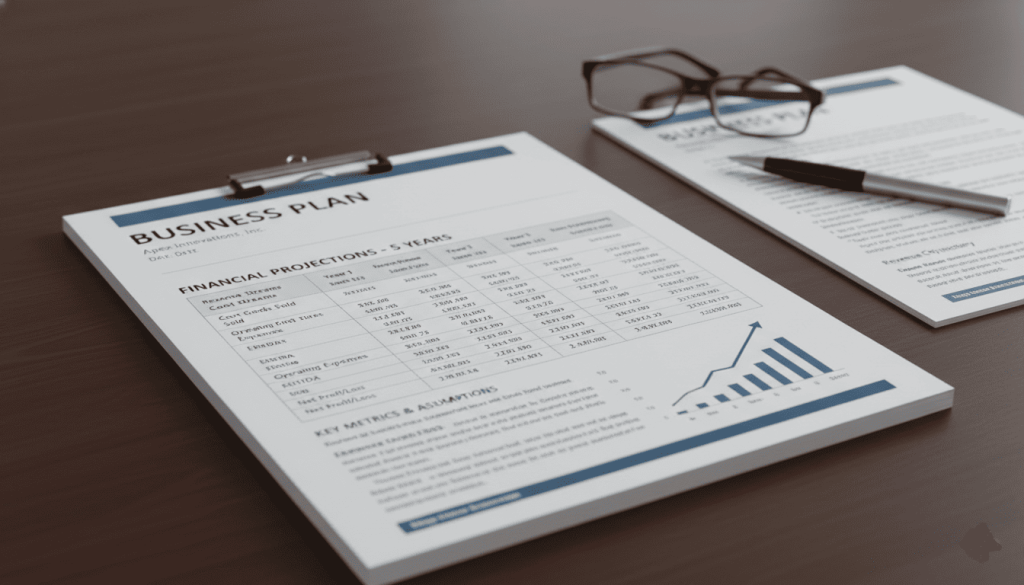 Dossier imprimé “business plan” avec tableaux financiers détaillés, projections sur 5 ans