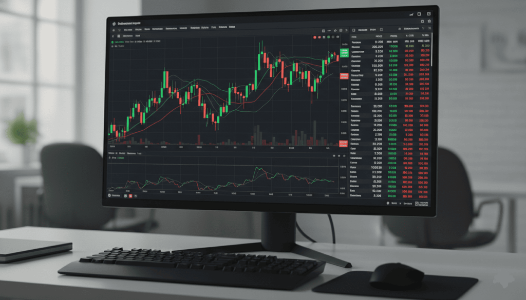 un écran d’ordinateur affichant une plateforme de trading professionnelle, graphiques boursiers en chandeliers japonais,