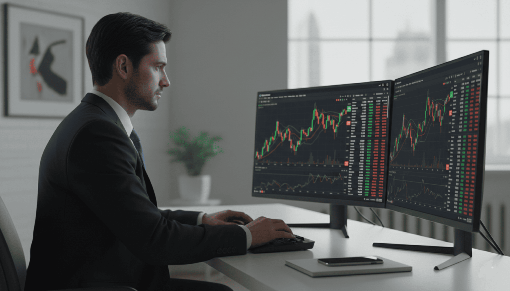 un courtier en bourse dans un bureau moderne, costume formel, regard concentré sur plusieurs écrans affichant des graphiques financiers