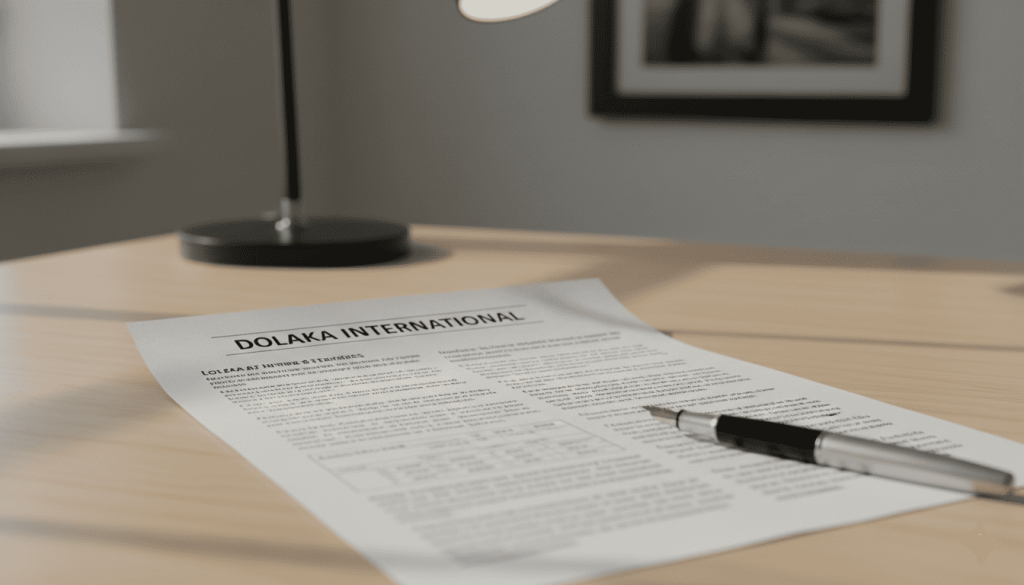 document imprimé posé sur un bureau, titre visible “Dolaka International”