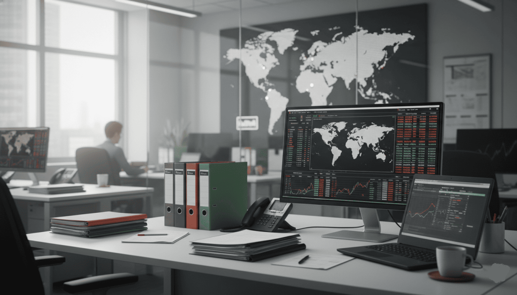 bureau d’entreprise internationale, cartes du monde affichées au mur, ordinateur avec tableau financier global