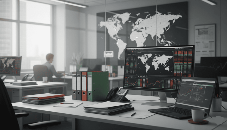 bureau d’entreprise internationale, cartes du monde affichées au mur, ordinateur avec tableau financier global