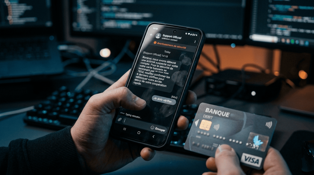 Une main qui tient une carte bancaire en train de noter des infos sur un smartphone