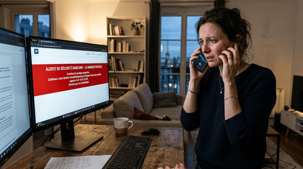 une femme sur son téléphone,visage inquiet, notification en rouge sur l'écran de son ordinateur