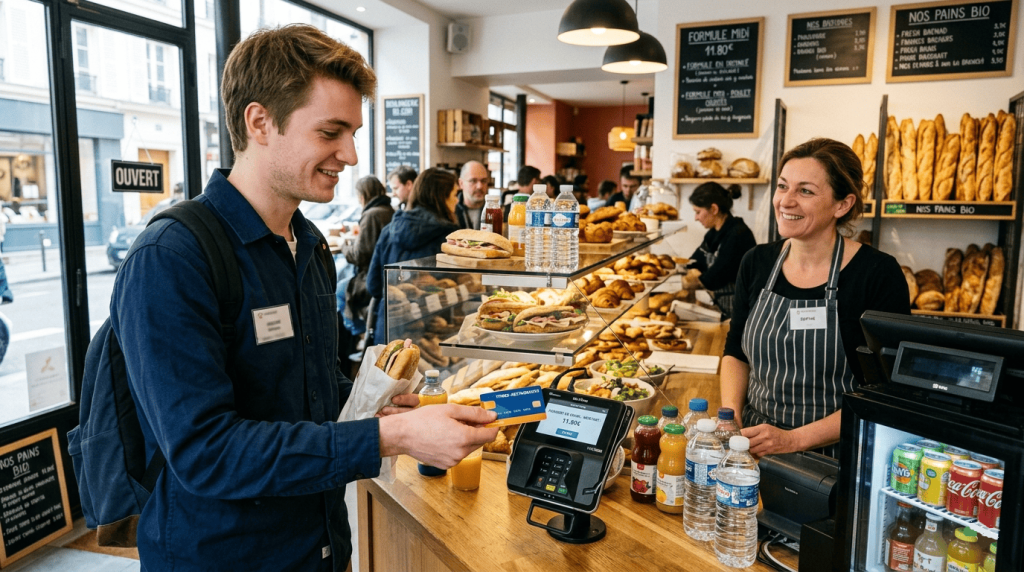 un jeune salarié payant son déjeuner avec une carte de paiement type titres-restaurants dans une boulangerie moderne française