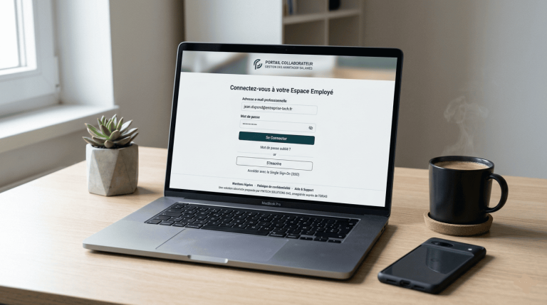 un ordinateur portable affichant une page de connexion crédible à une plateforme de gestion de carte employé et avantages salariés