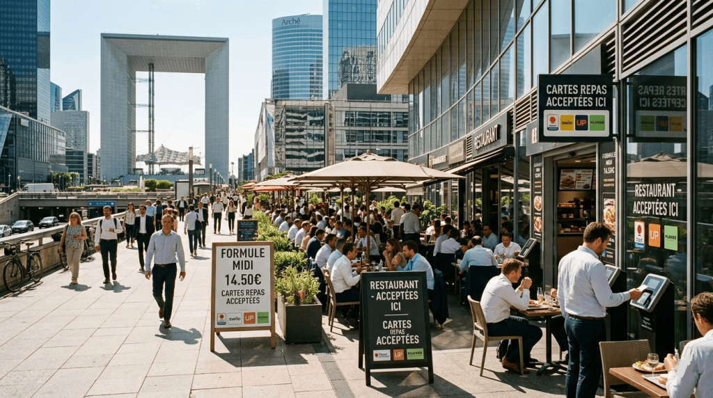 un quartier d’affaires français à midi, salariés déjeunant en terrasse, restaurants et commerces affichant l’acceptation des cartes repas.