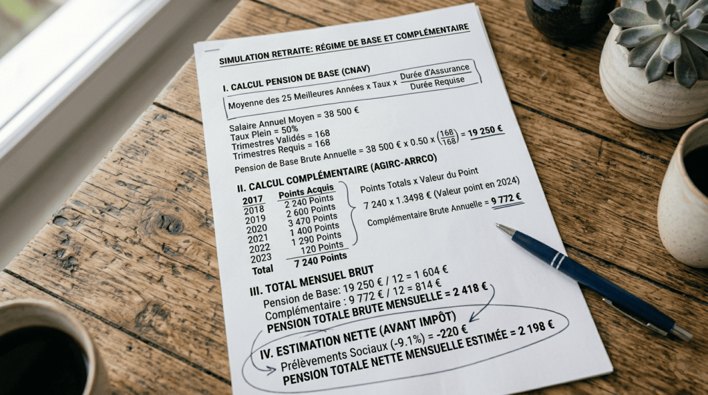 une feuille avec calculs de pension et complément