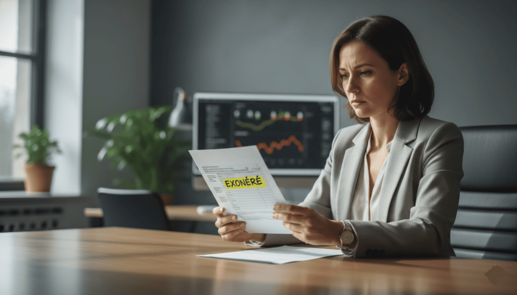 une femme dans un bureau moderne, regardant un document fiscal avec la mention “exonéré”
