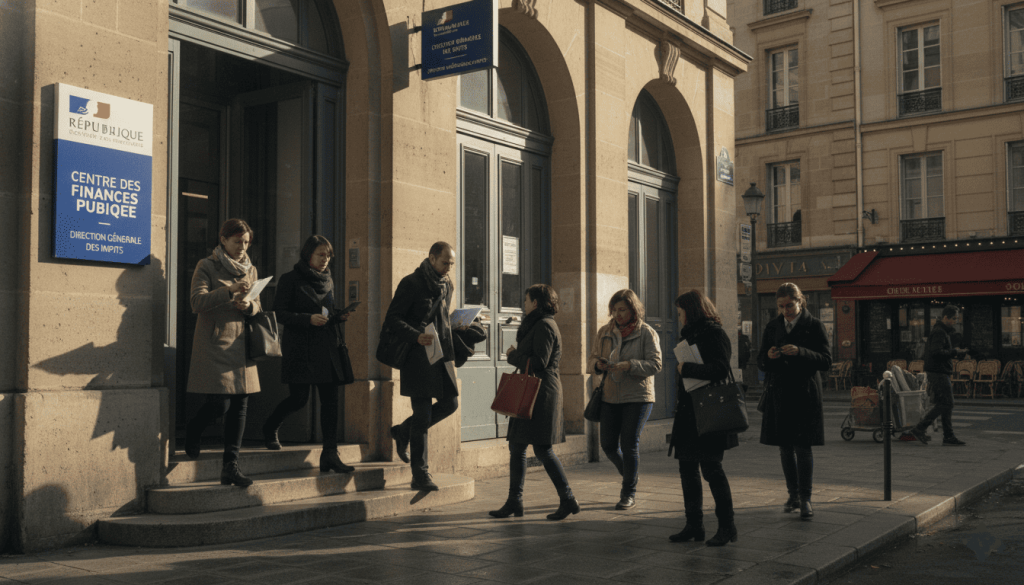 devant un centre des impôts, plusieurs personnes entrant et sortant