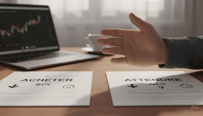une main hésitant entre deux documents (acheter vs attendre)
