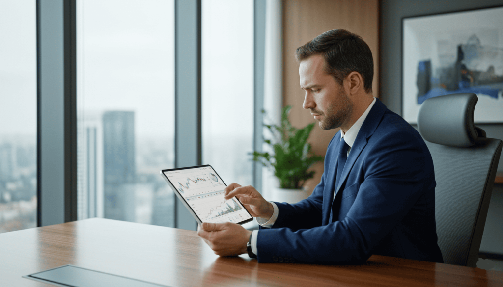 Homme d’affaires analysant des graphiques financiers sur une tablette