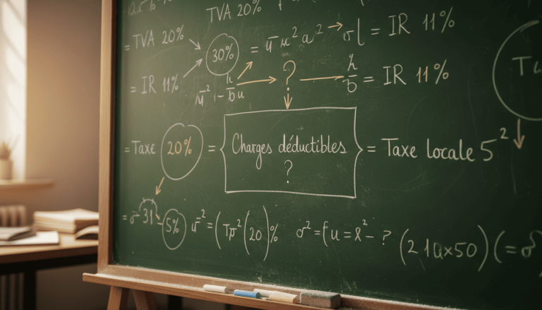 Gros plan d’un tableau avec calculs fiscaux, pourcentages écrits à la main