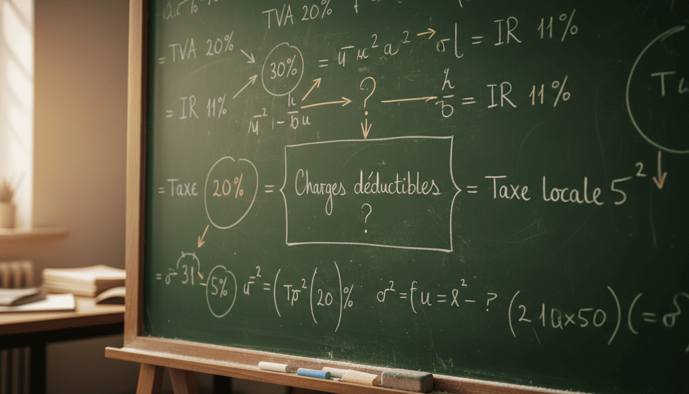 Gros plan d’un tableau avec calculs fiscaux, pourcentages écrits à la main