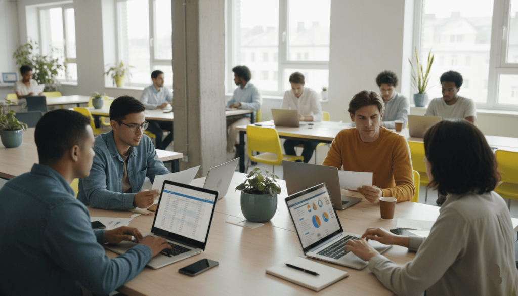 Salle de coworking moderne avec plusieurs personnes travaillant sur des finances personnelles