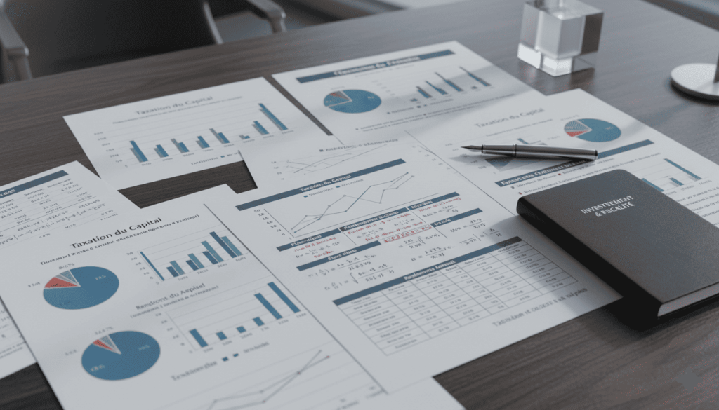 graphiques financiers imprimés, calculs de taxation du capital, courbes de rendement et pourcentages fiscaux visibles sur un bureau premium.