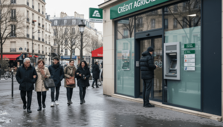 rue française avec agence bancaire, distributeur automatique et passants de différentes générations.