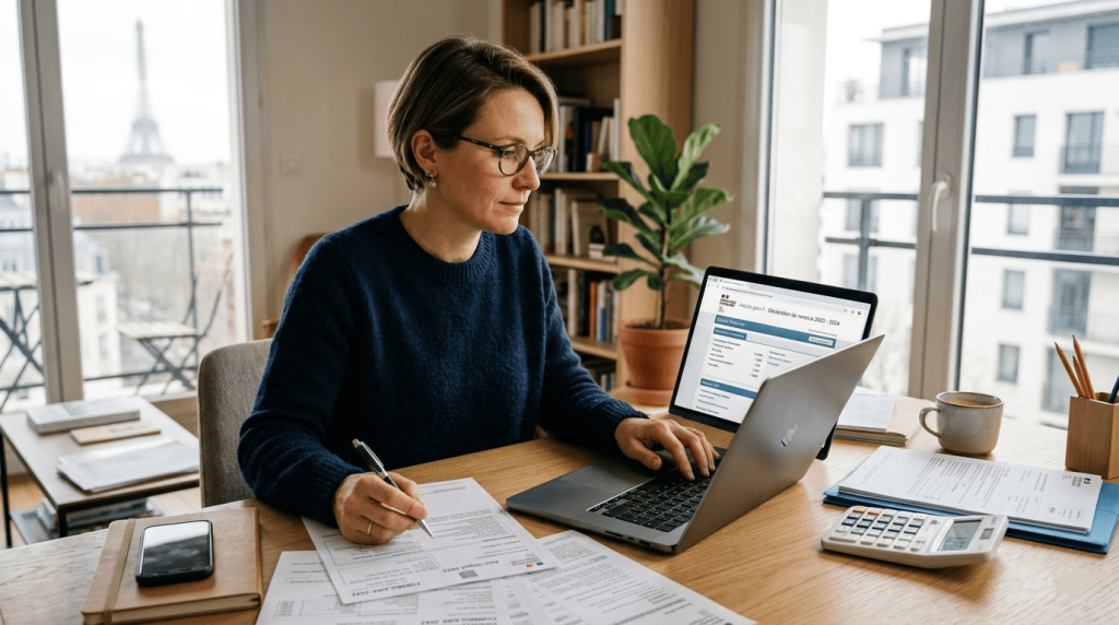 Femme quarantaine remplissant sa déclaration fiscale en ligne sur un ordinateur portable dans un appartement moderne français.