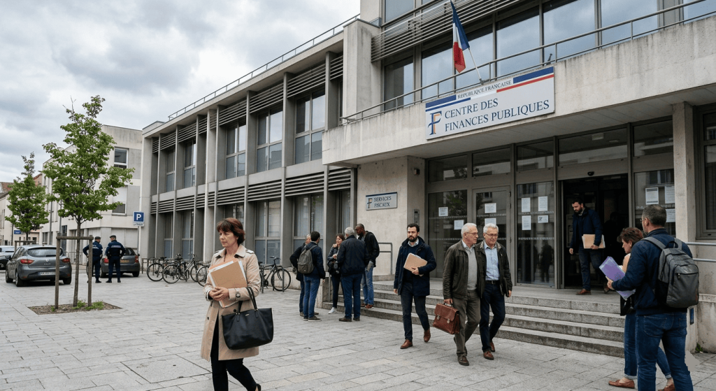 bâtiment administratif français moderne rappelant un centre fiscal, citoyens entrant et sortant avec dossiers papier et sacs professionnels.
