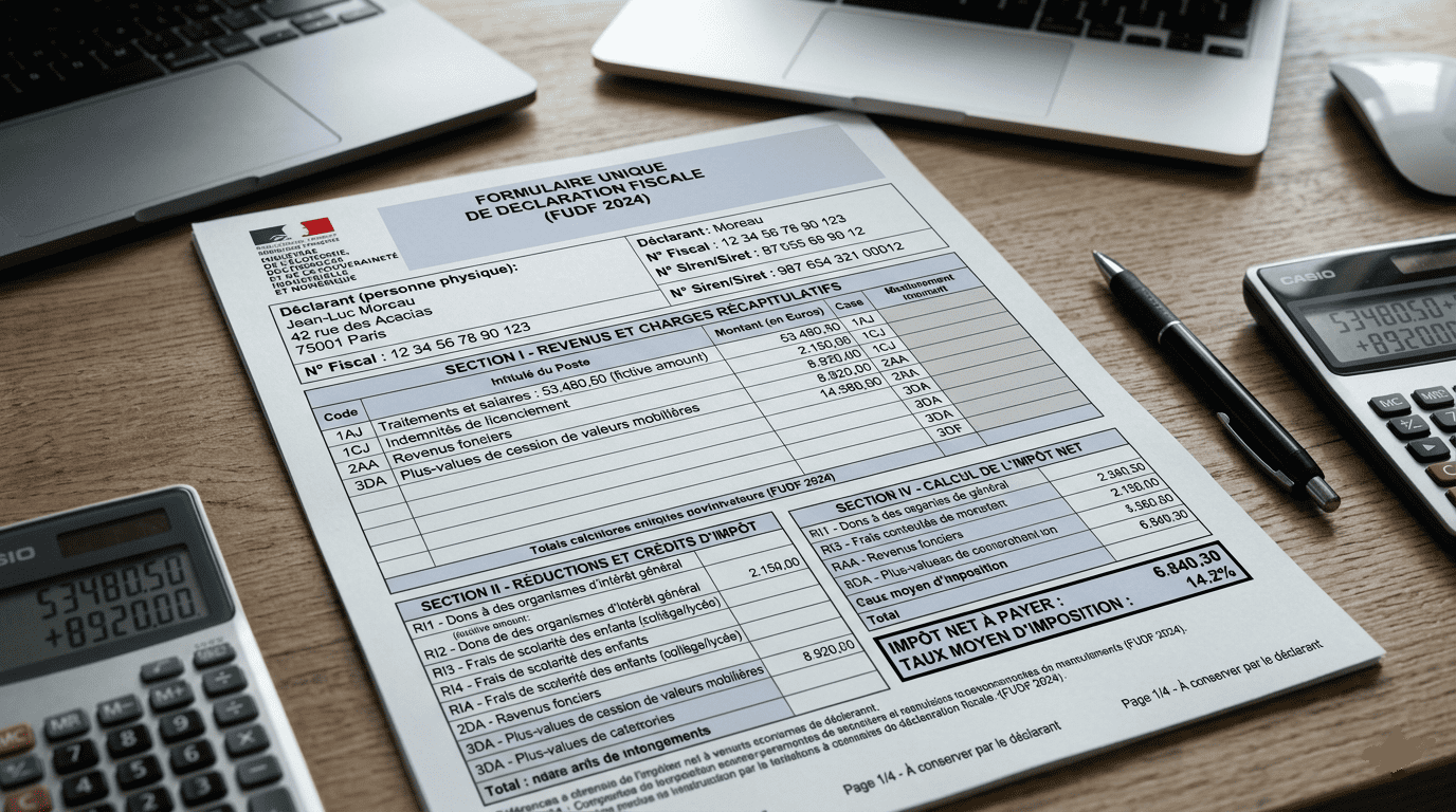 n document fiscal français inspiré d’un imprimé fiscal unique, avec tableaux, montants, cases et références administratives